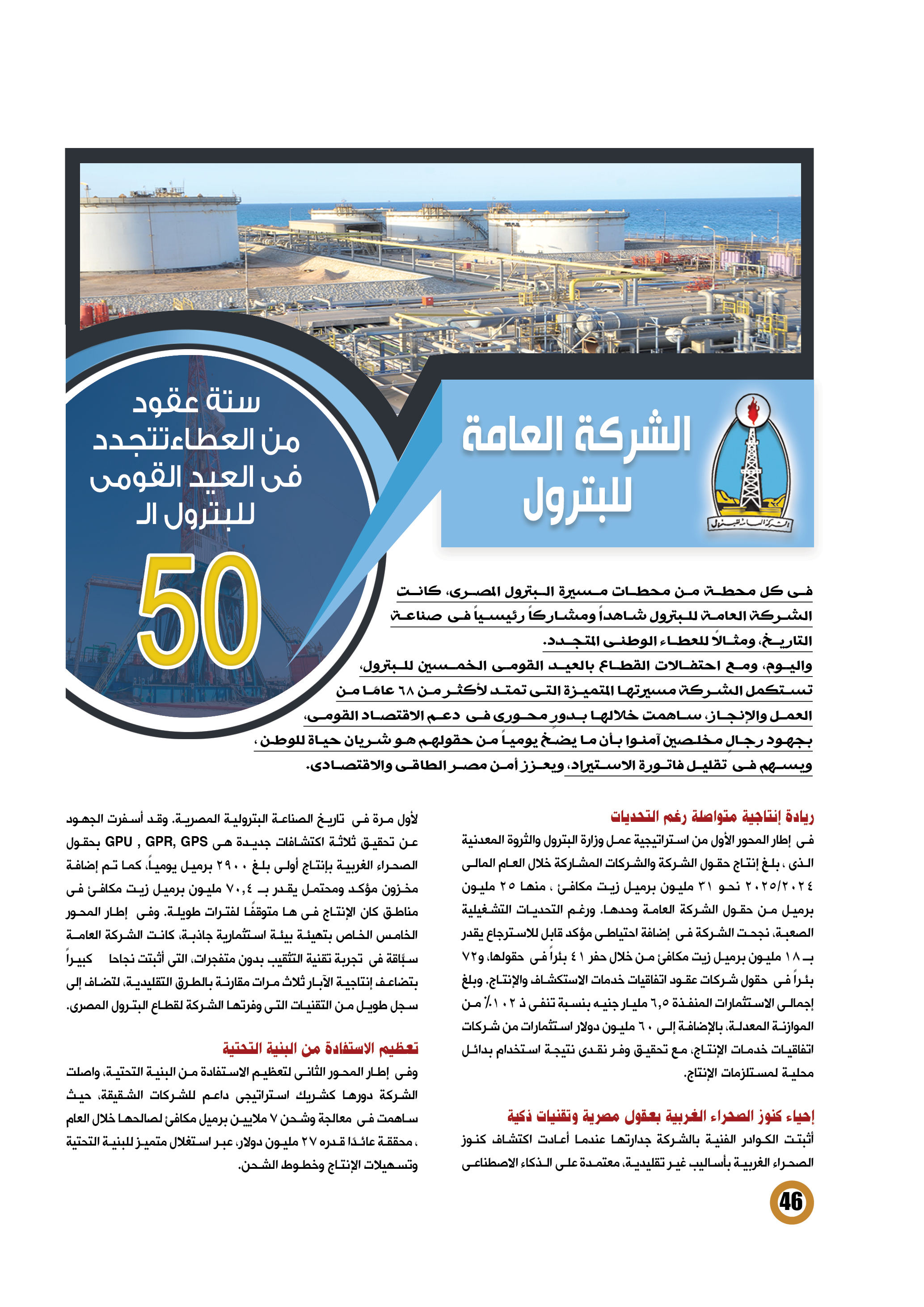 العامة للبترول .. فى العيد القومى للبترول الـ٥٠ ستة عقود من العطاء تتجدد