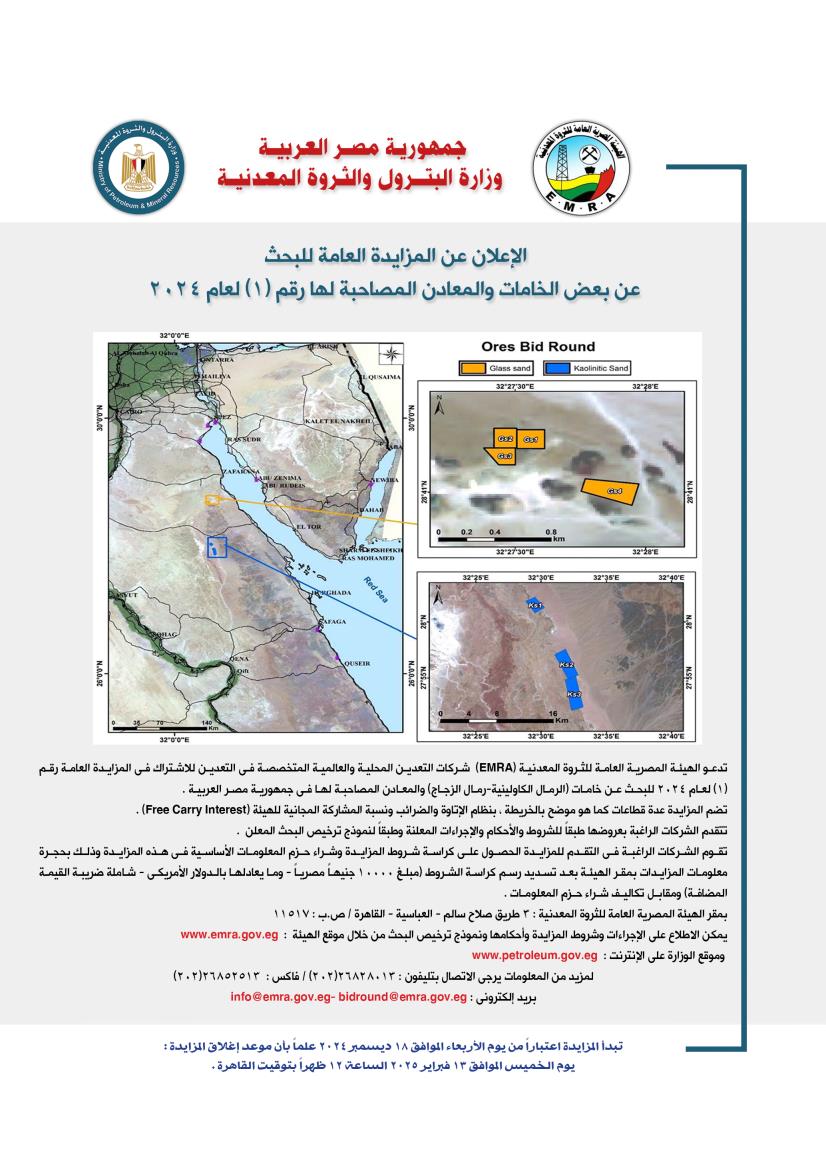 المزايدة العالمية لعام ٢٠٢٤ ، للبحث عن بعض الخامات والمعادن المصاحبة